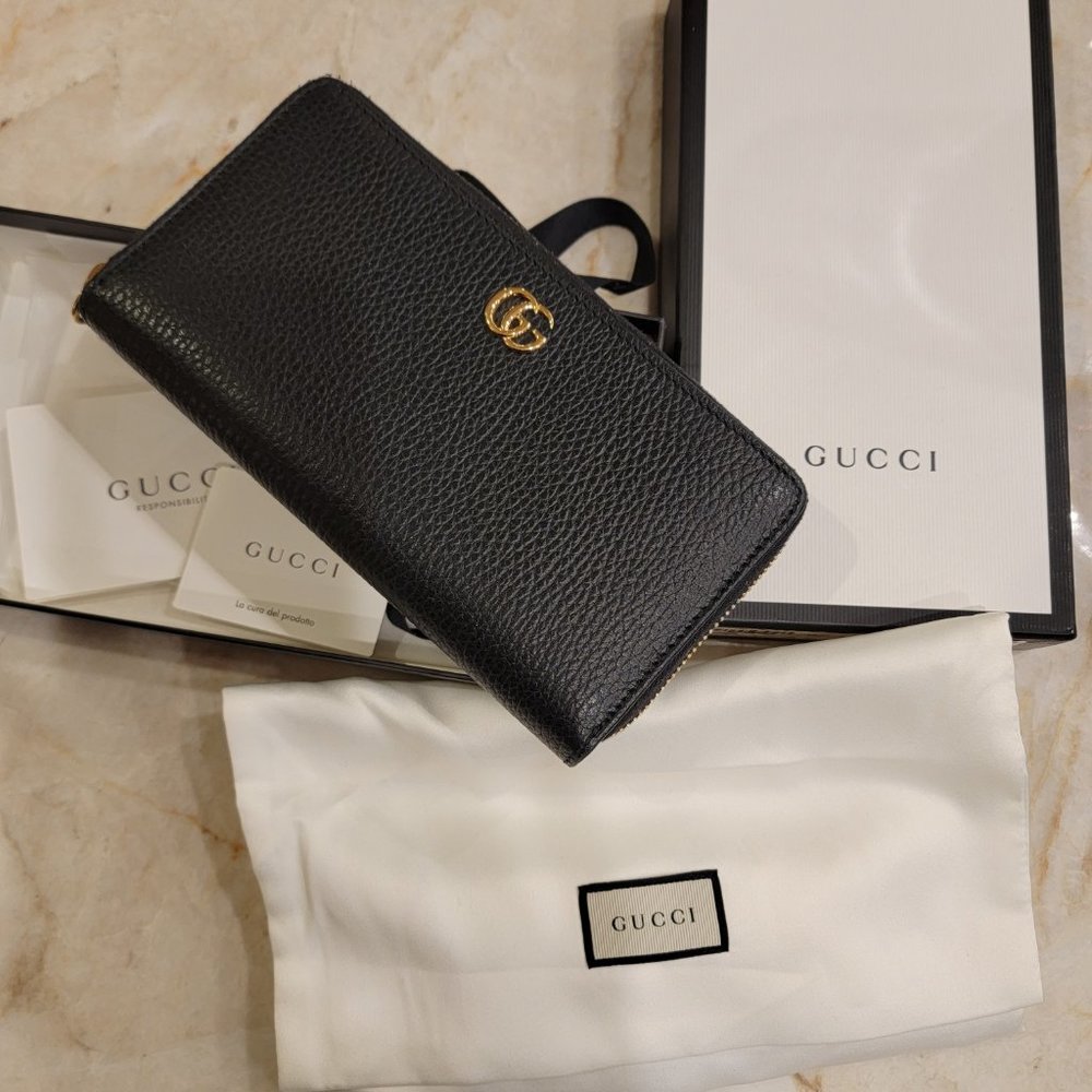 Gucci GG Marmont Zip Around Long Wallet Black Leather